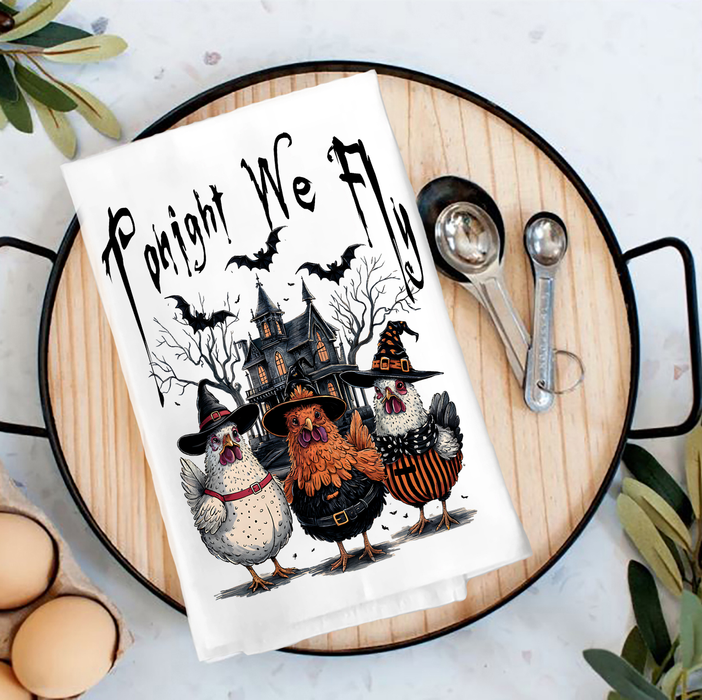 Halloween Chickens Tonight We Fly Tea Towel