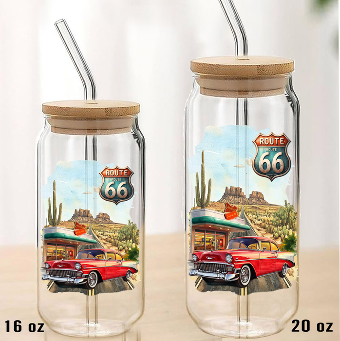 Route 66 Vintage Car Diner  Can Glass with Lid Straw