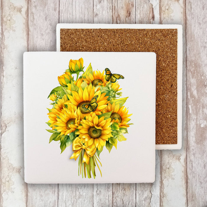 Sunflowers Butterfly Bouquet Stone Coaster