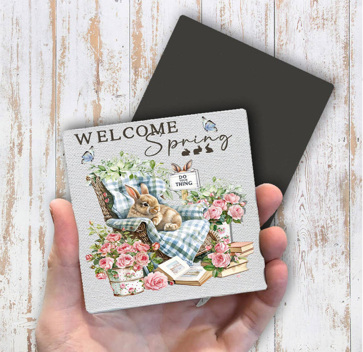 Welcome Spring Bunny Flowers Magnet Fridge