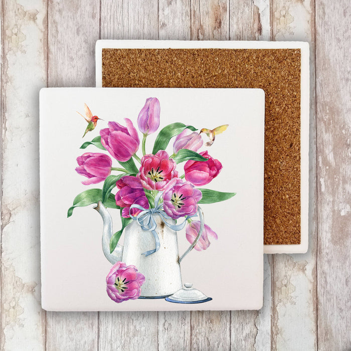 Spring Garden Tulips Hummingbirds Stone Coaster
