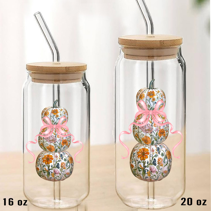 Fall Chinoiserie Floral Pumpkins Can Glass with Lid Straw