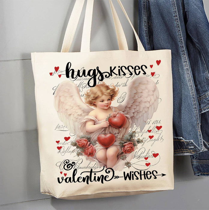 Vintage Angel Cupid Hugs Kisses Valentine Canvas Tote Bag