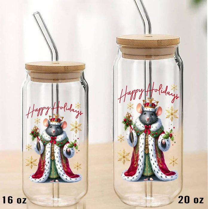 Christmas Mouse Happy Holidays Can Glass with Lid Straw