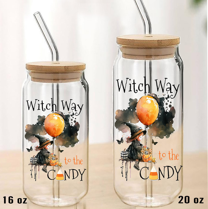 Halloween Witch Way to Candy Can Glass with Lid Straw