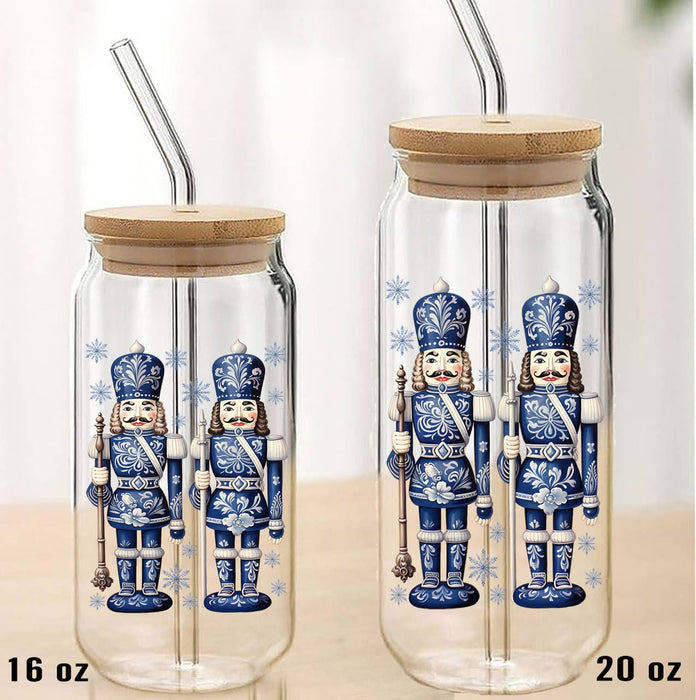 Christmas Nutcrackers Blue & White Can Glass with Lid Straw