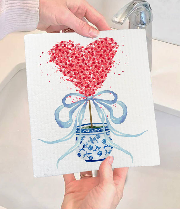 Chinoiserie Blue & White Hearts Topiary Swedish Dishcloth