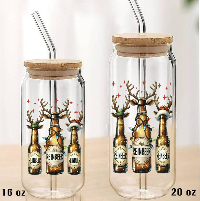 Christmas Reindeer Beer Can Glass with Lid Straw