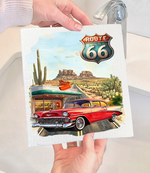 Route 66 Vintage Car Diner  Swedish Dishcloth