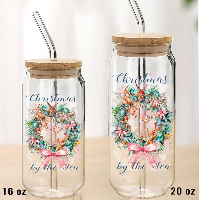 Coastal Christmas by the Sea Can Glass with Lid Straw