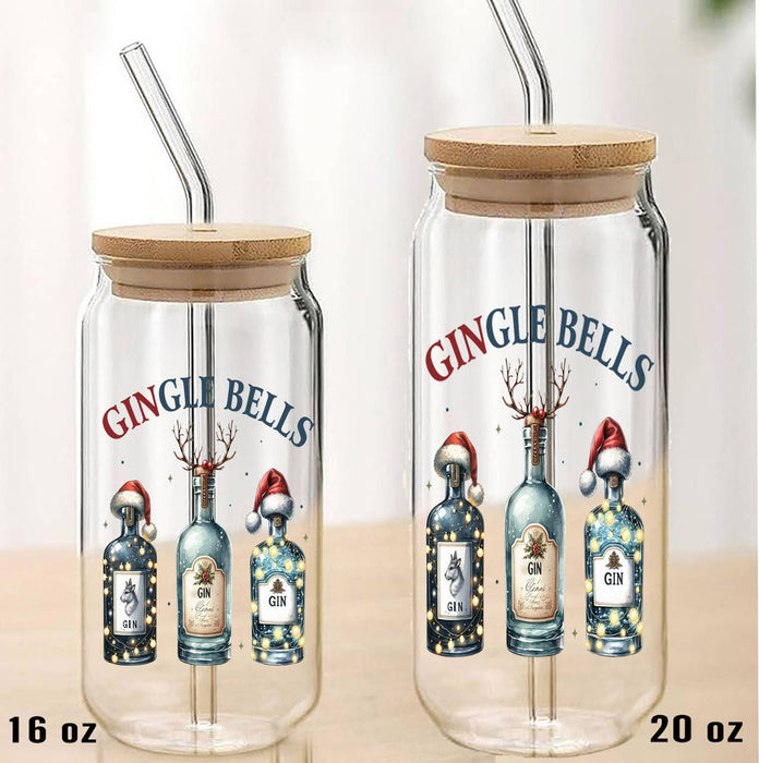 Christmas Gin Gingle Bells Can Glass with Lid Straw