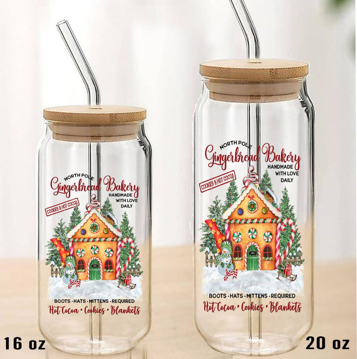Gingerbread Bakery Christmas Can Glass with Lid Straw
