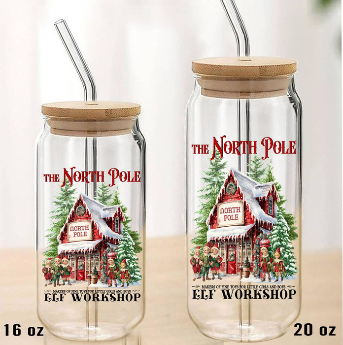 Vintage Christmas Elf Workshop Can Glass with Lid Straw