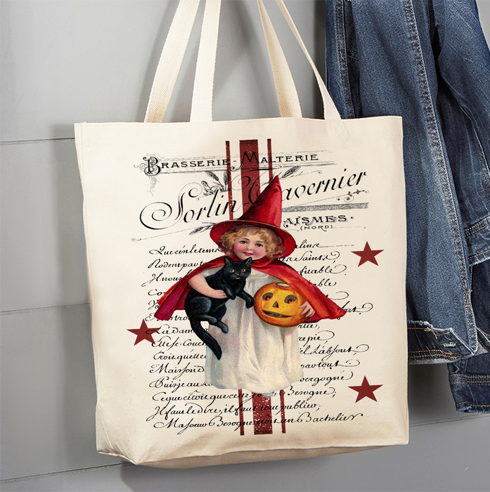 Halloween Vintage French Black Cat Canvas Tote Bag