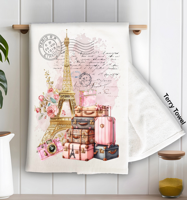 French Paris Eiffel Tower Luggage Kitchen Terry Towel