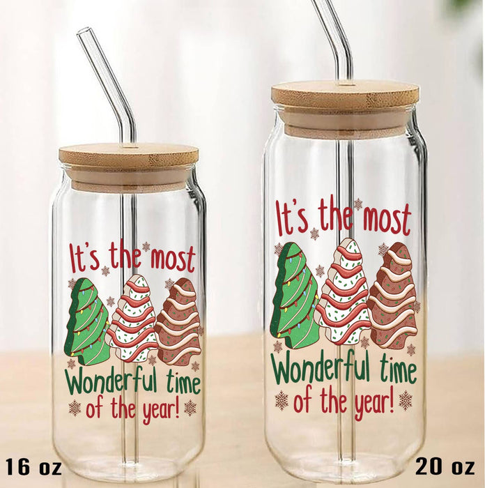 Christmas Tree Cakes Wonderful Time Can Glass with Lid Straw