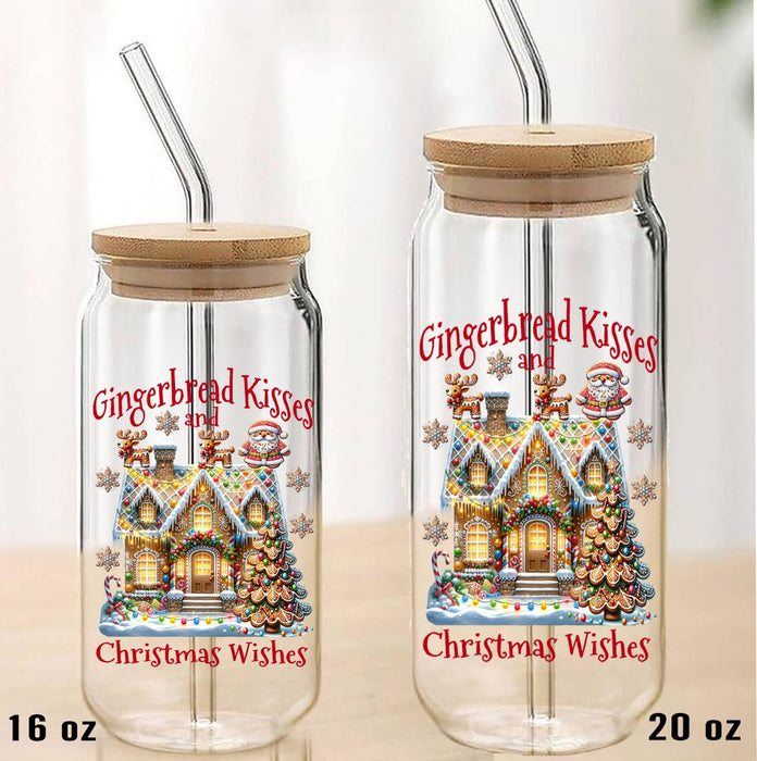 Christmas Gingerbread Kisses Can Glass with Lid Straw