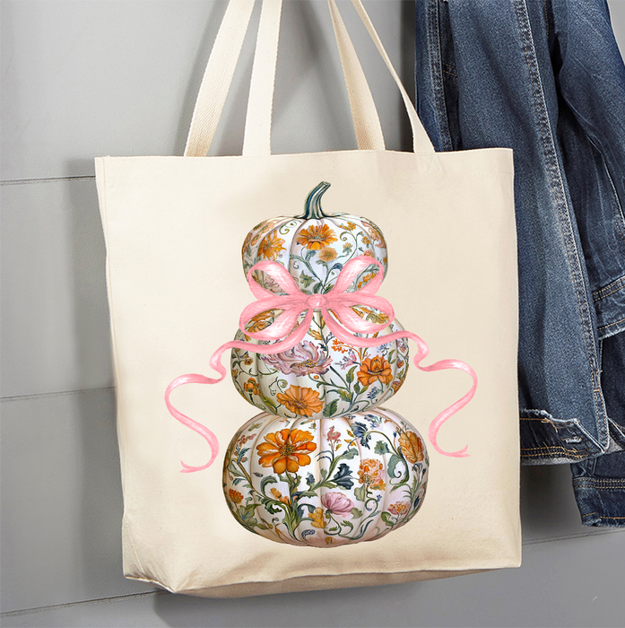 Fall Chinoiserie Floral Pumpkins Canvas Tote Bag