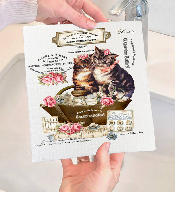Country Vintage Fench Kittens Cats Swedish Dishcloth