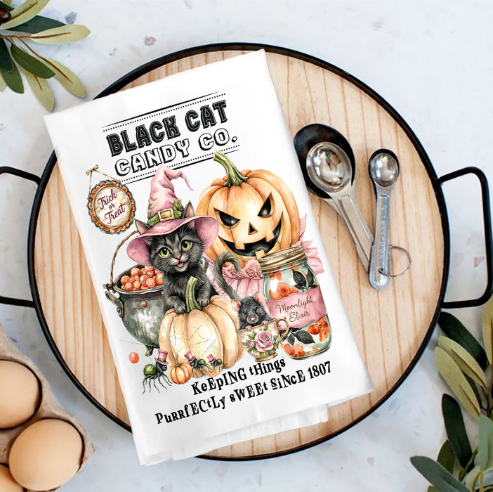 Halloween Black Cat Candy Company Tea Towel