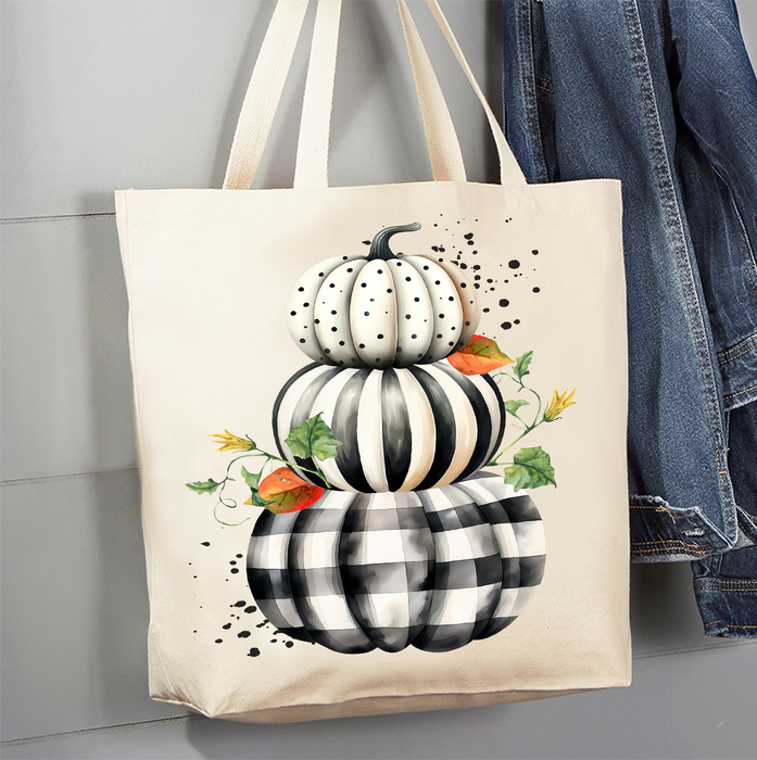Fall Black and White Checkered Pumpkins Canvas Tote Bag