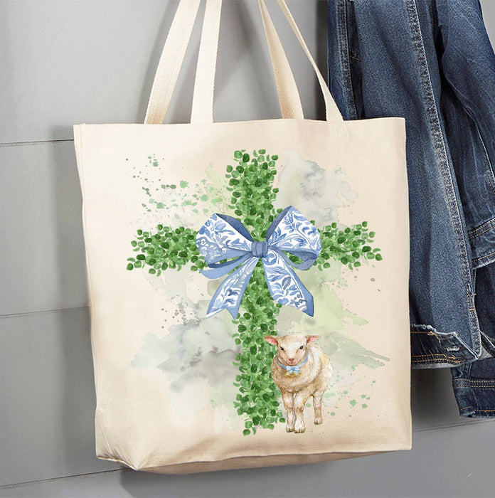 Easter Boxwood Cross Lamb Spiritual Canvas Tote Bag