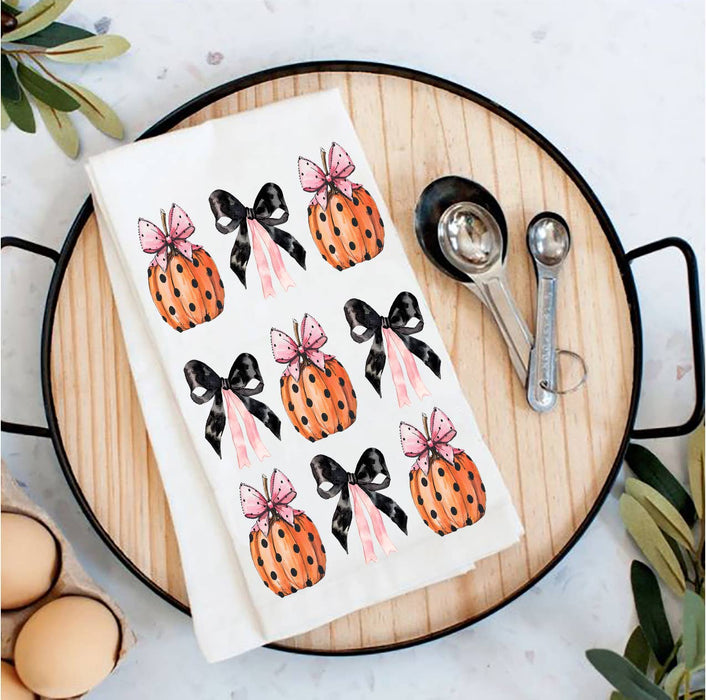 Halloween Pumpkins and Bows Tea Towel