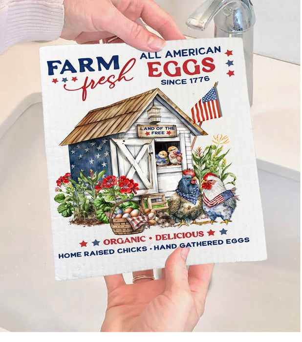 Farmhouse 4th of July Patriotic Chickens Swedish Dishcloth