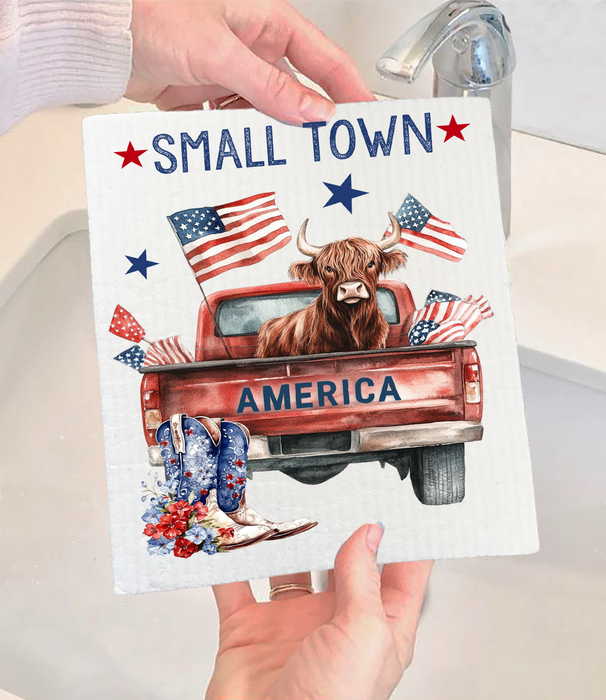 Small Town American Patriotic Cow Swedish Dishcloth