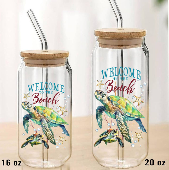 Coastal Sea Turtle Welcome Beach Can Glass with Lid Straw