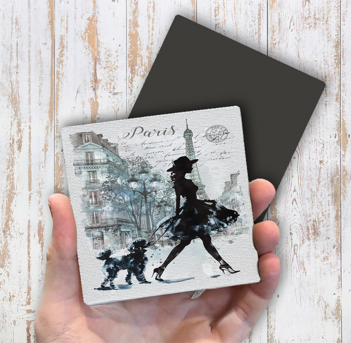 Paris French Girl Walking Dog Magnet Fridge