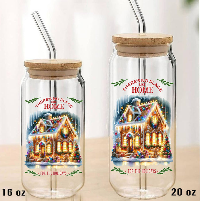 Christmas No Place Like Home Can Glass with Lid Straw