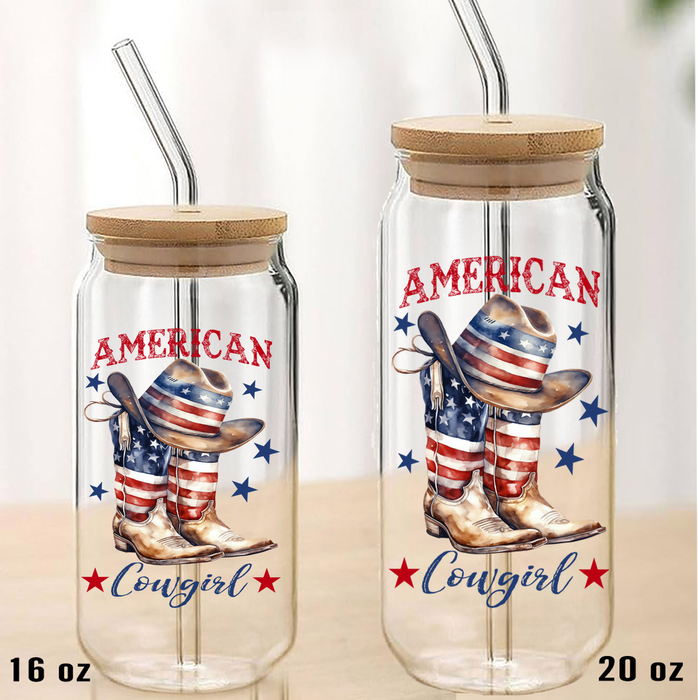 Western American Cowgirl Boots Can Glass with Lid Straw