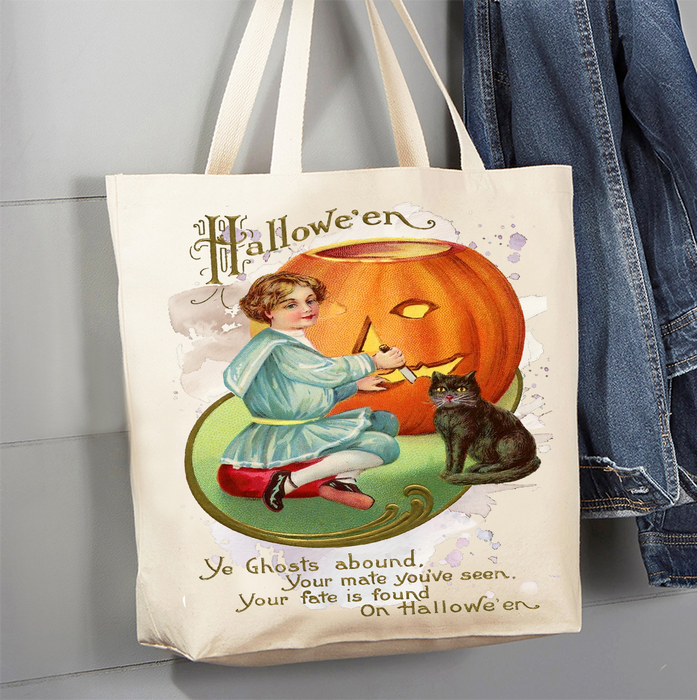 Halloween Vintage Pumpkin Black Cat Canvas Tote Bag