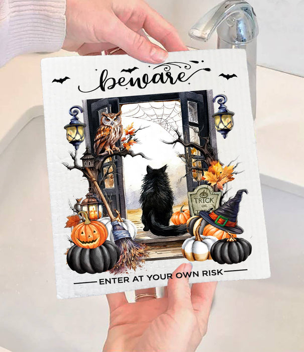 Halloween Beware Black Cat Pumpkins Swedish Dishcloth