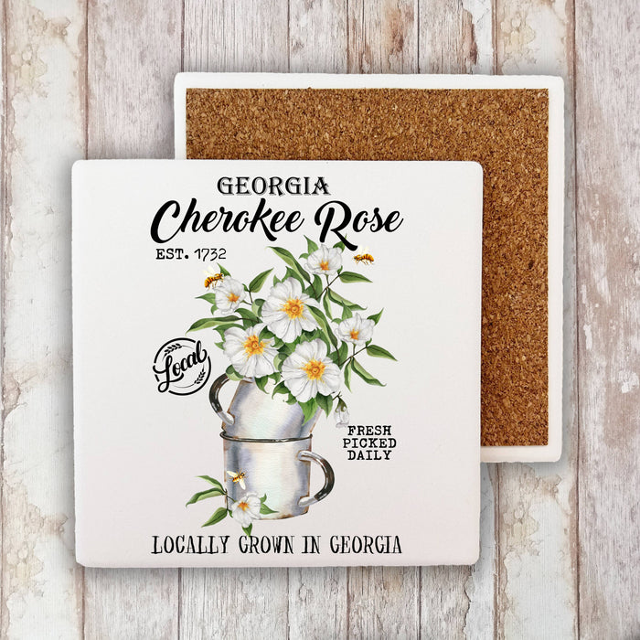 Georgia State Flower Cherokee Rose Stone Coaster