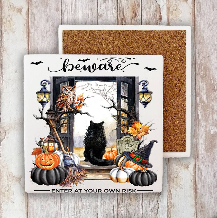 Halloween Beware Black Cat Pumpkins Stone Coaster