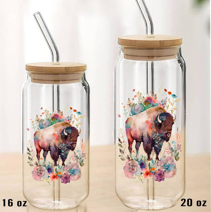 Buffalo Colorful Watercolor Can Glass with Lid Straw