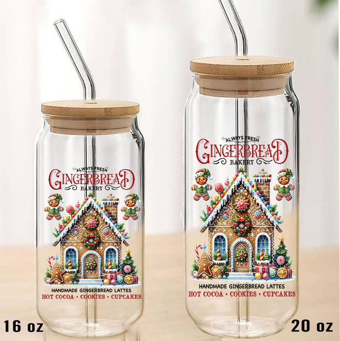Christmas Gingerbread Bakery Can Glass with Lid Straw