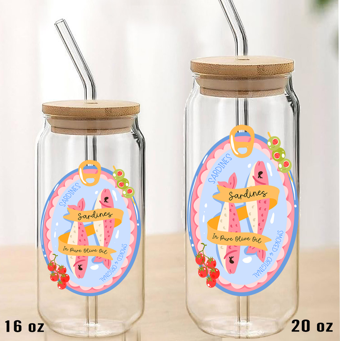 Sardines Fish Olive Oil Coastal Can Glass with Lid Straw