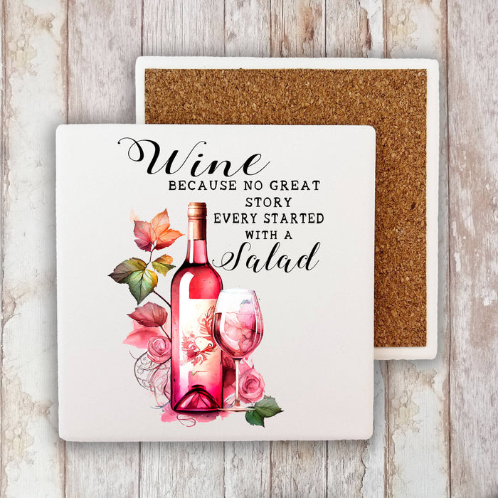 Wine No Story Starts with Salad Funny Stone Coaster