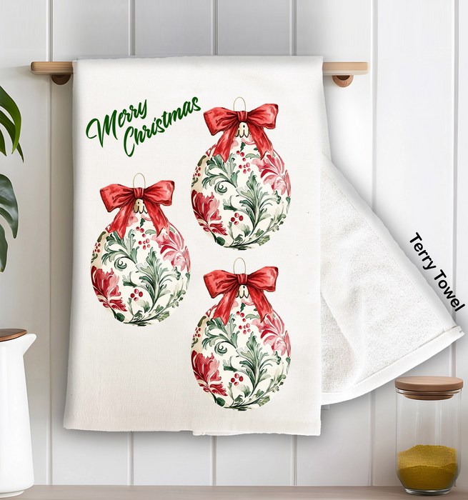 Christmas Water Toile Ornaments Kitchen Terry Towel