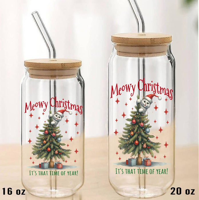 Meowy Christmas It's That Time Can Glass with Lid Straw