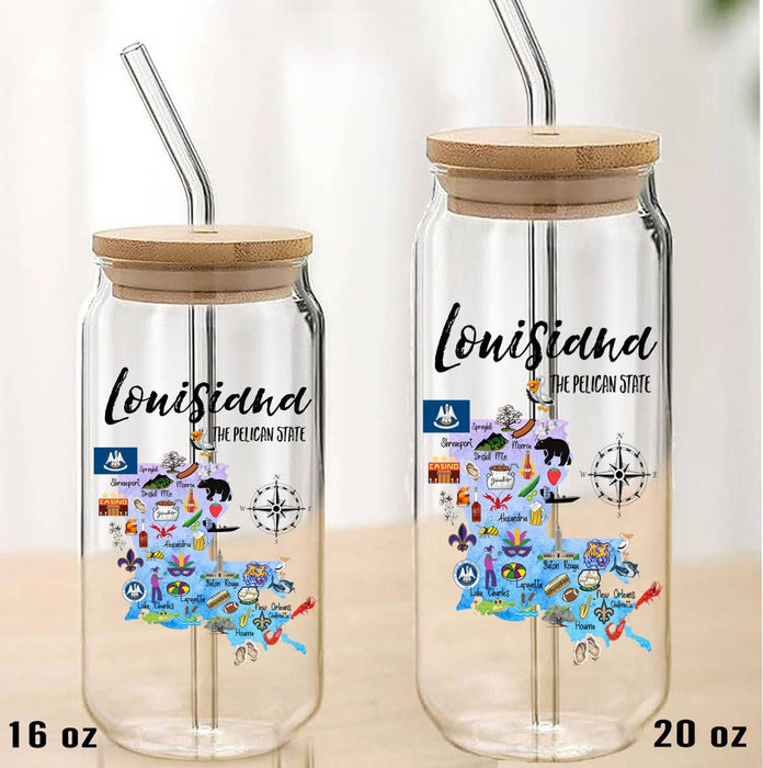 Louisiana State Map Can Glass with Lid and Straw