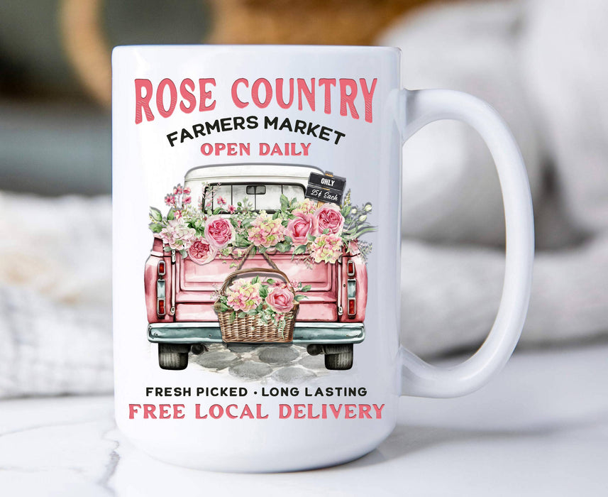 Country Rose Pink Pick Up Truck 15 oz Coffee Mug