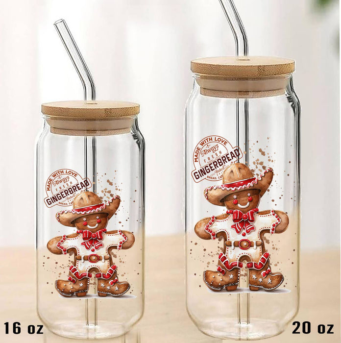 Christmas Cowboy Gingerbread Can Glass with Lid Straw