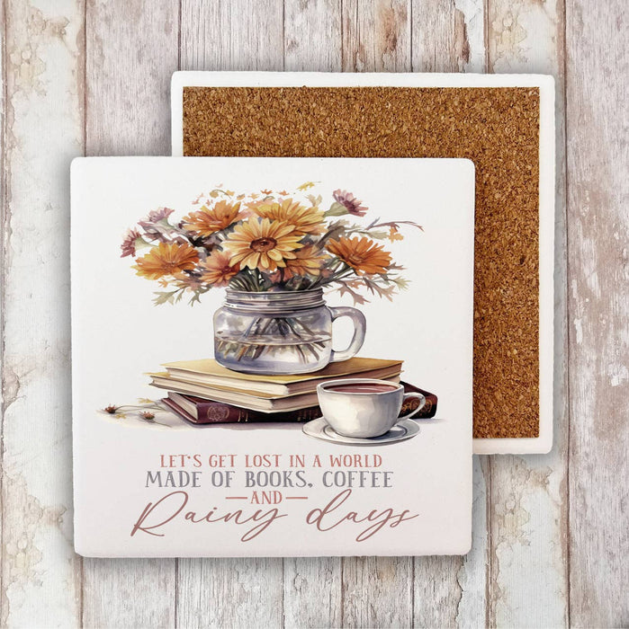 Autumn Fall Books & Coffee Rainy Day Stone Coaster