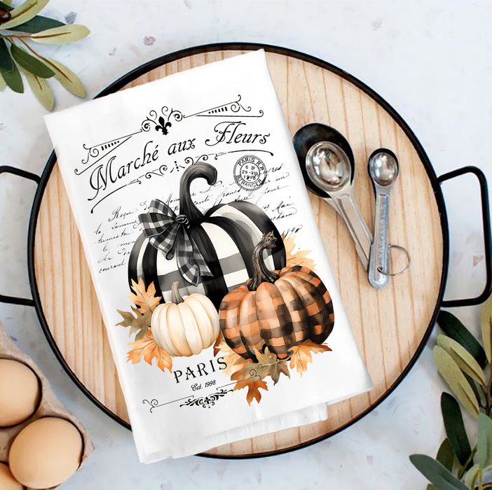 Fall French Black white Checkered Pumpkins Tea Towel