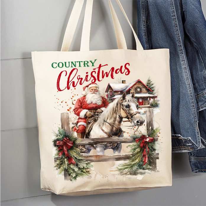 Country Christmas Santa Riding Horse Canvas Tote Bag
