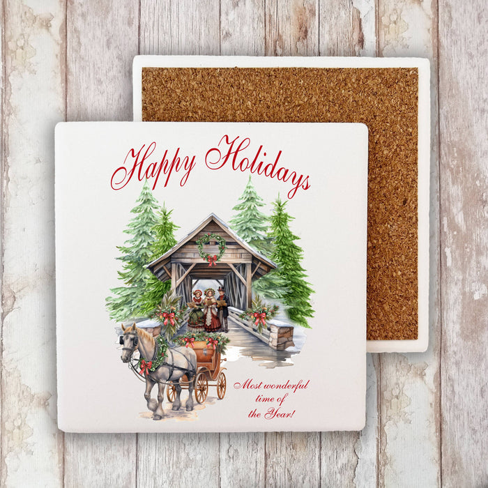 Christmas Cover Bridge Horse Carriage Stone Coaster